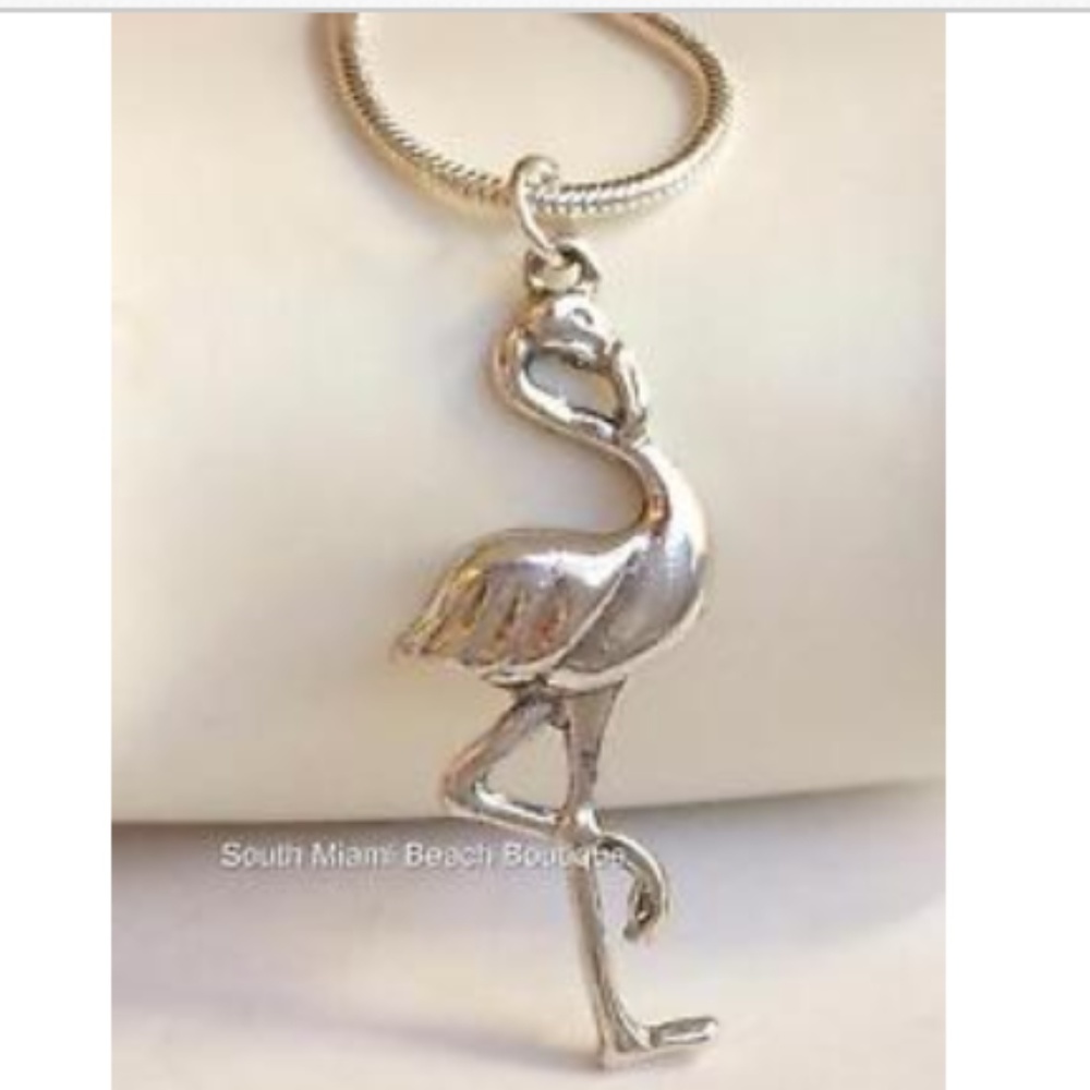 Silver Flamingo Necklace Bird Island Tropical 18" Plated